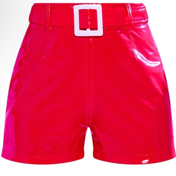 PrettyLittleThing Red High Waist Patent Shorts - Picture 1 of 3